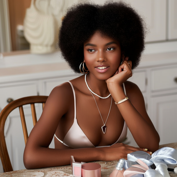 生活瞬间，美女黑人，比基尼，丝绸，美妆广告，家庭餐桌，4K超清，写实风格，温馨，柔和室内光，细腻皮肤，项链，耳环，手链。
