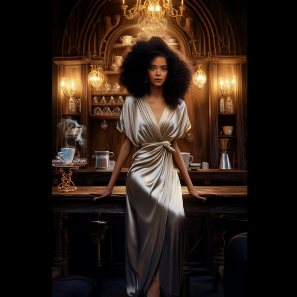 身穿丝绸的美女，魔幻电影，浓密的头发，神秘的咖啡店，8k超高清，大师级作品，优雅、全球照明，魔幻电影照明，3d渲染的高品质魔幻电影，咖啡店，8k，高品质，高清，更多细节，电影打光，神秘，多细节，水晶