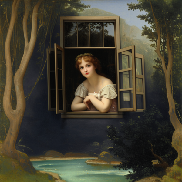 古希腊，公主，清晰的面部，公主站在窗边，河流，4K超清，浪漫，完美构图，电影氛围图，电影风景，大师电影，高级景深，高画质，高清，画面清晰