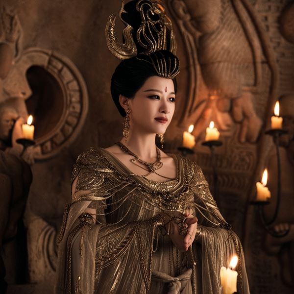 古埃及，美女，宠妃，特写镜头，精致的妆容，神庙内景，超高清分辨率，古典风格，神秘，烛光照明，石雕纹理