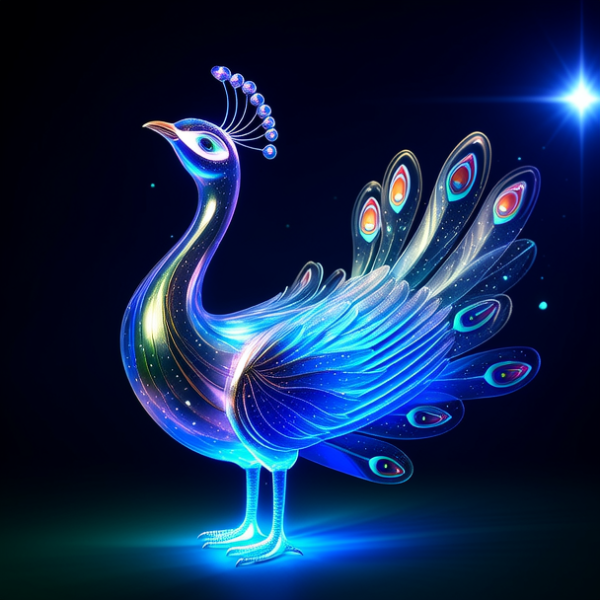 创意设计，炫彩孔雀，透明塑胶材质，全身散发着微弱的光，梦幻颜色，深色背景，极光，一点点星光，高清，8K，3D渲染，梦幻唯美意境
