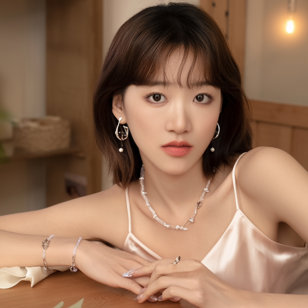 生活瞬间，美女，韩系美女，丝绸，美妆广告，家庭餐桌，4K超清，写实风格，温馨，柔和室内光，细腻皮肤，项链，耳环，手链。