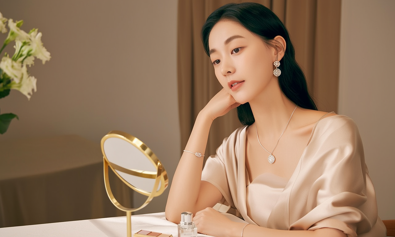 生活瞬间，美女，韩系美女，丝绸，美妆广告，家庭餐桌，4K超清，写实风格，温馨，柔和室内光，细腻皮肤，项链，耳环，手链。
