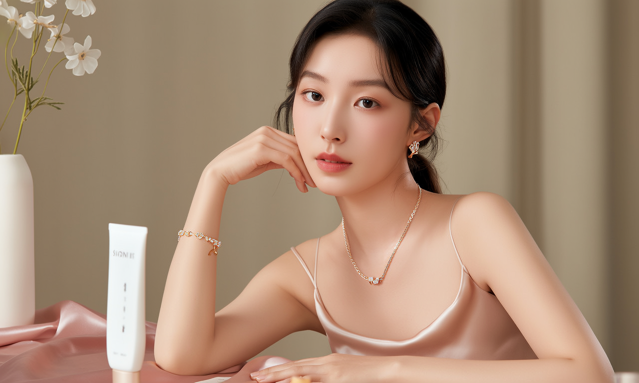 生活瞬间，美女，韩系美女，丝绸，美妆广告，家庭餐桌，4K超清，写实风格，温馨，柔和室内光，细腻皮肤，项链，耳环，手链。