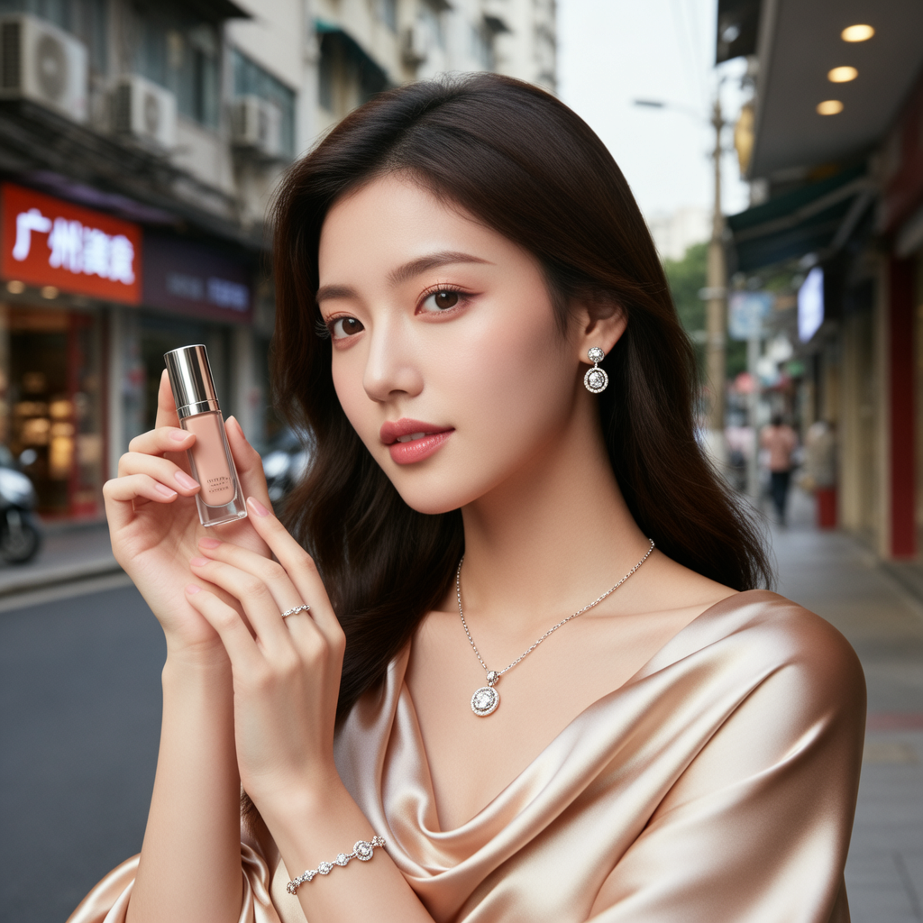 生活瞬间，美女，韩系美女，丝绸，美妆广告，广州街边，4K超清，写实风格，温馨，柔和室内光，皮肤细腻，项链，耳环，手链。